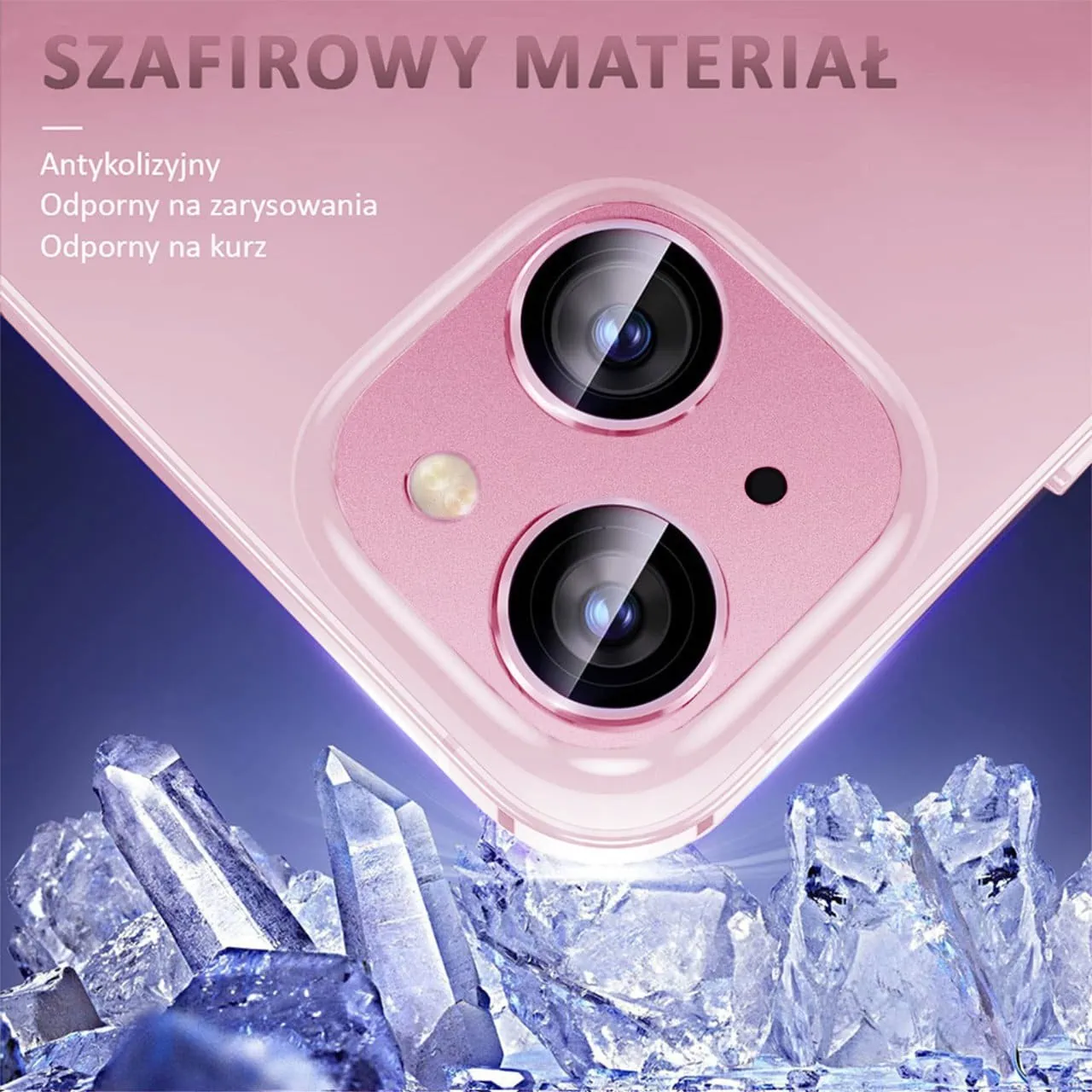 iPhone 15 gładka metalowa osłona na cały aparat, wbudowane szkła 9H, różowa