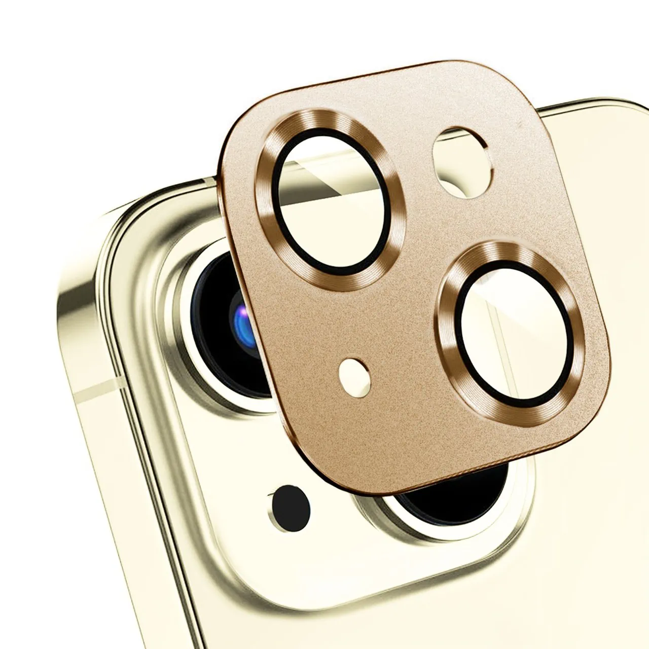 iPhone 15 gładka metalowa osłona na cały aparat, wbudowane szkła 9H, złota