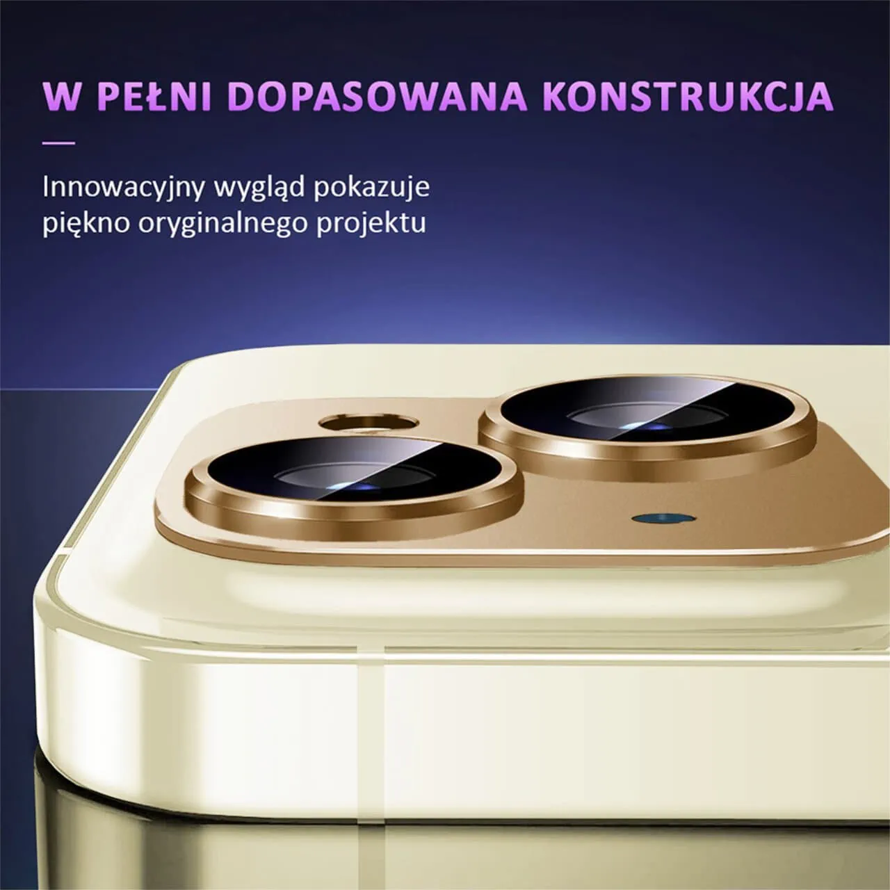 iPhone 15 gładka metalowa osłona na cały aparat, wbudowane szkła 9H, złota