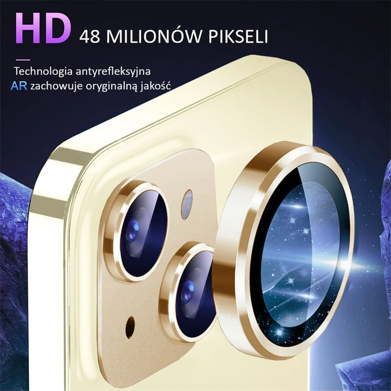 iPhone 15 gładka metalowa osłona na cały aparat, wbudowane szkła 9H, złota