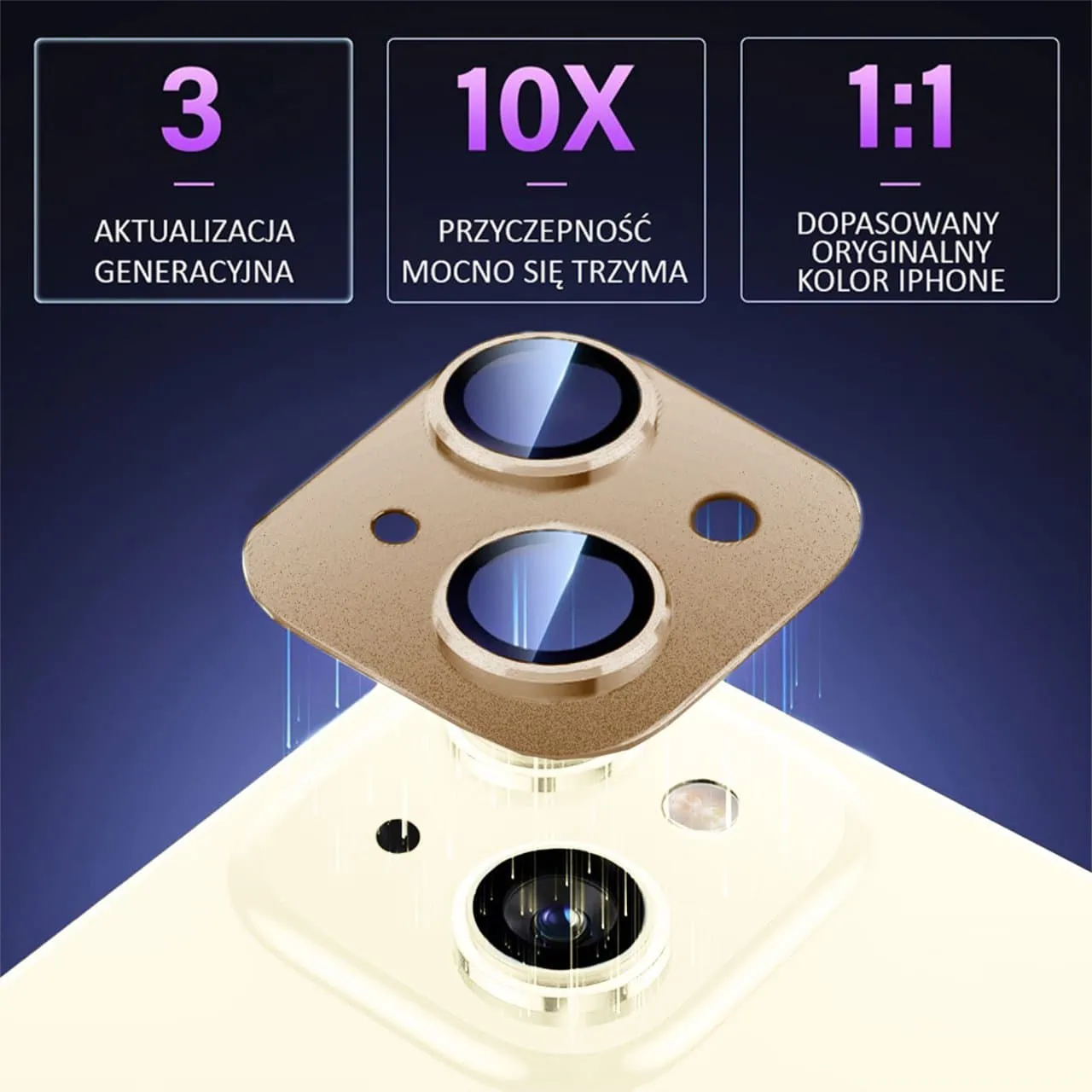 iPhone 15 gładka metalowa osłona na cały aparat, wbudowane szkła 9H, złota