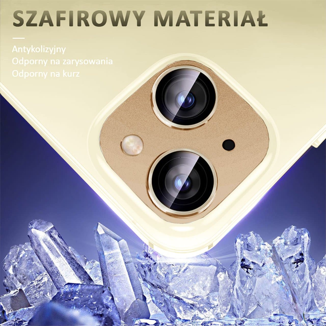 iPhone 15 gładka metalowa osłona na cały aparat, wbudowane szkła 9H, złota