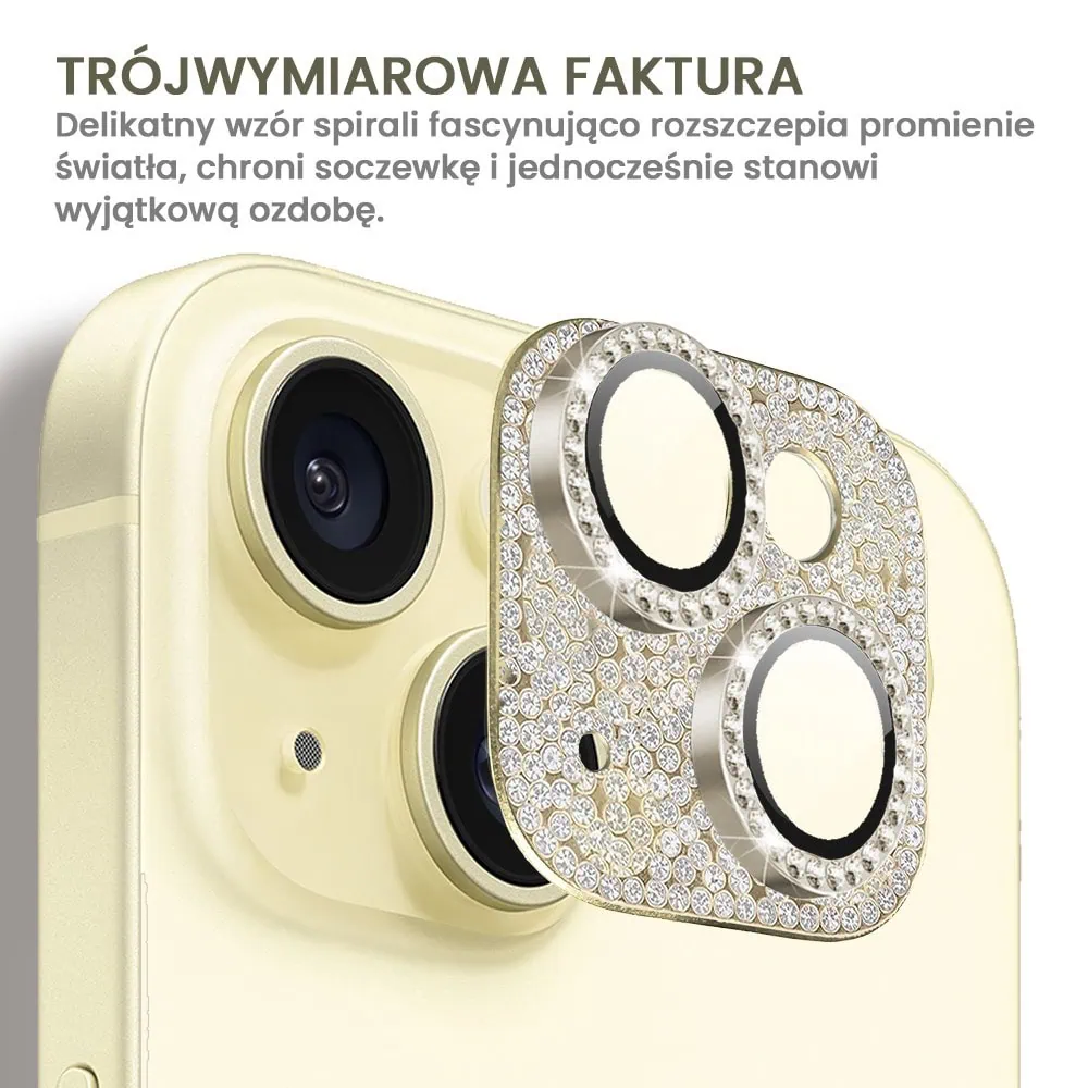 iPhone 15 Plus diamentowa osłona na cały aparat, wbudowane szkła 9H, złota