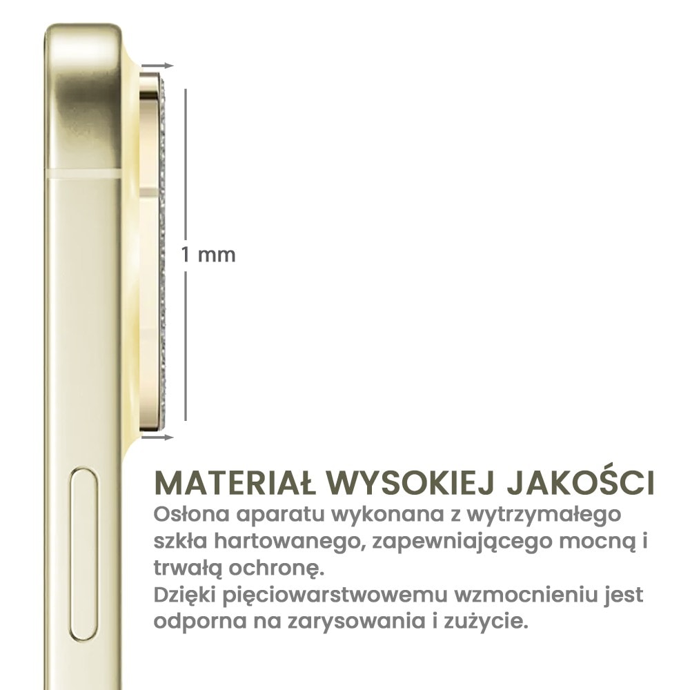 iPhone 15 Plus diamentowa osłona na cały aparat, wbudowane szkła 9H, złota