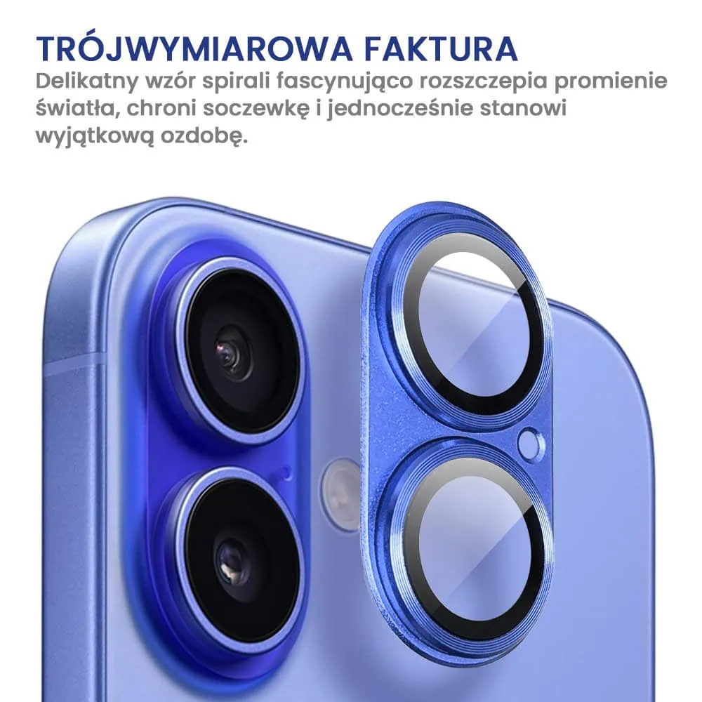 iPhone 16 Plus gładka metalowa osłona na cały aparat, wbudowane szkła 9H, ultramaryna