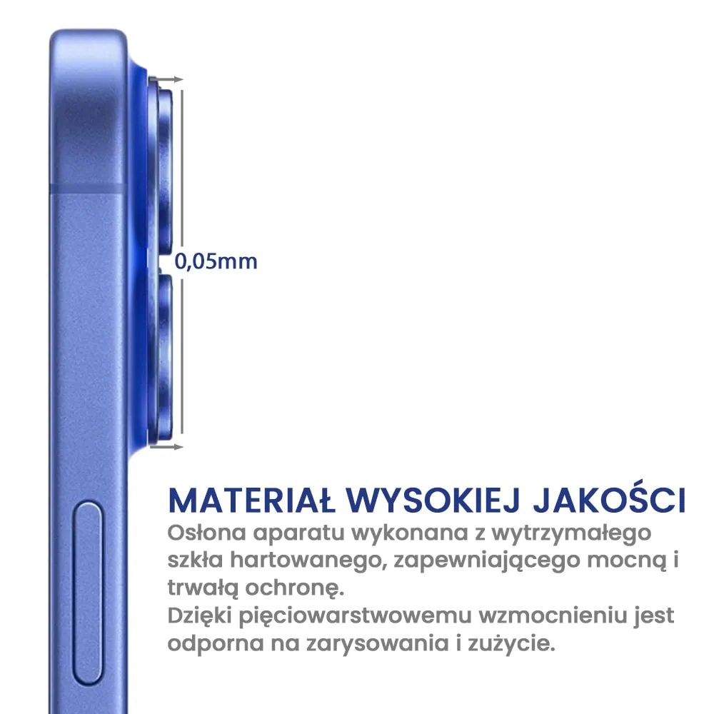 iPhone 16 Plus gładka metalowa osłona na cały aparat, wbudowane szkła 9H, ultramaryna