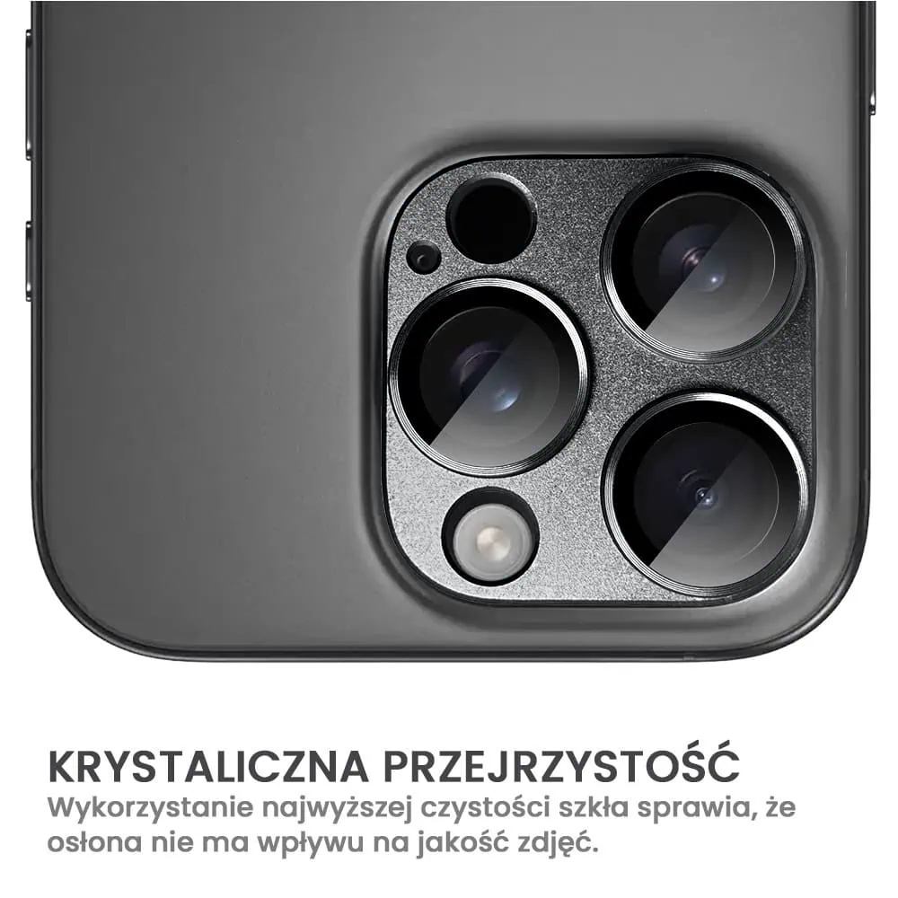 iPhone 16 Pro gładka metalowa osłona na cały aparat, wbudowane szkła 9H, głęboka czerń, czarna
