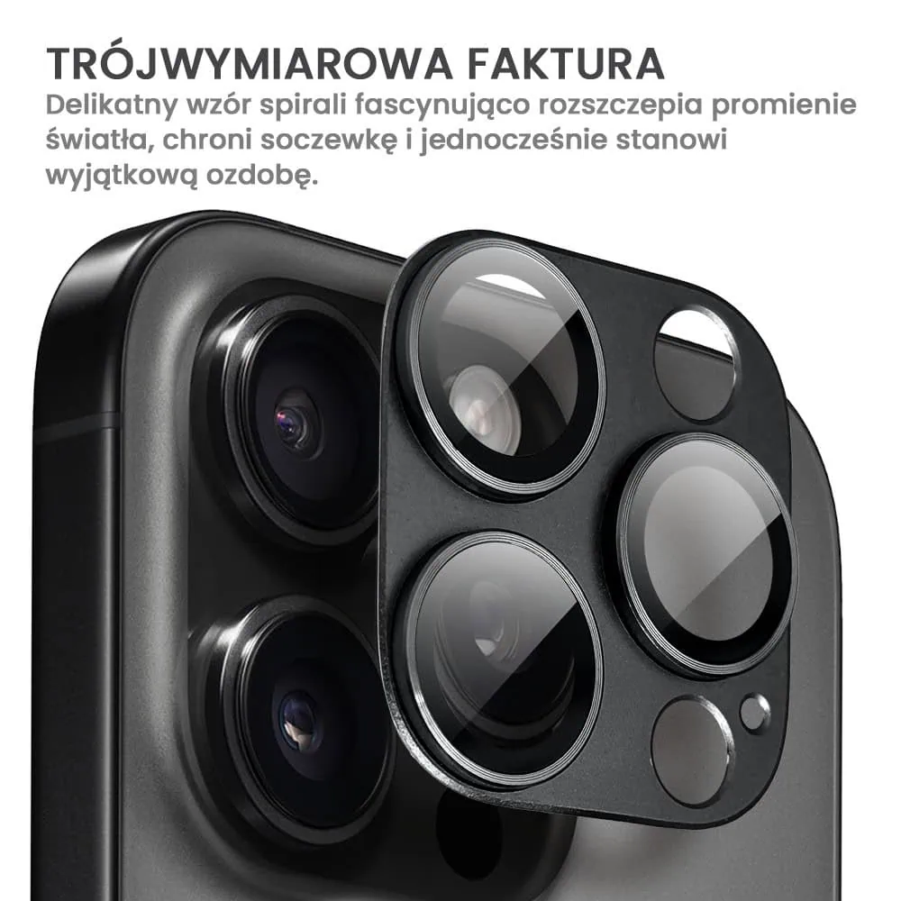 iPhone 16 Pro gładka metalowa osłona na cały aparat, wbudowane szkła 9H, głęboka czerń, czarna