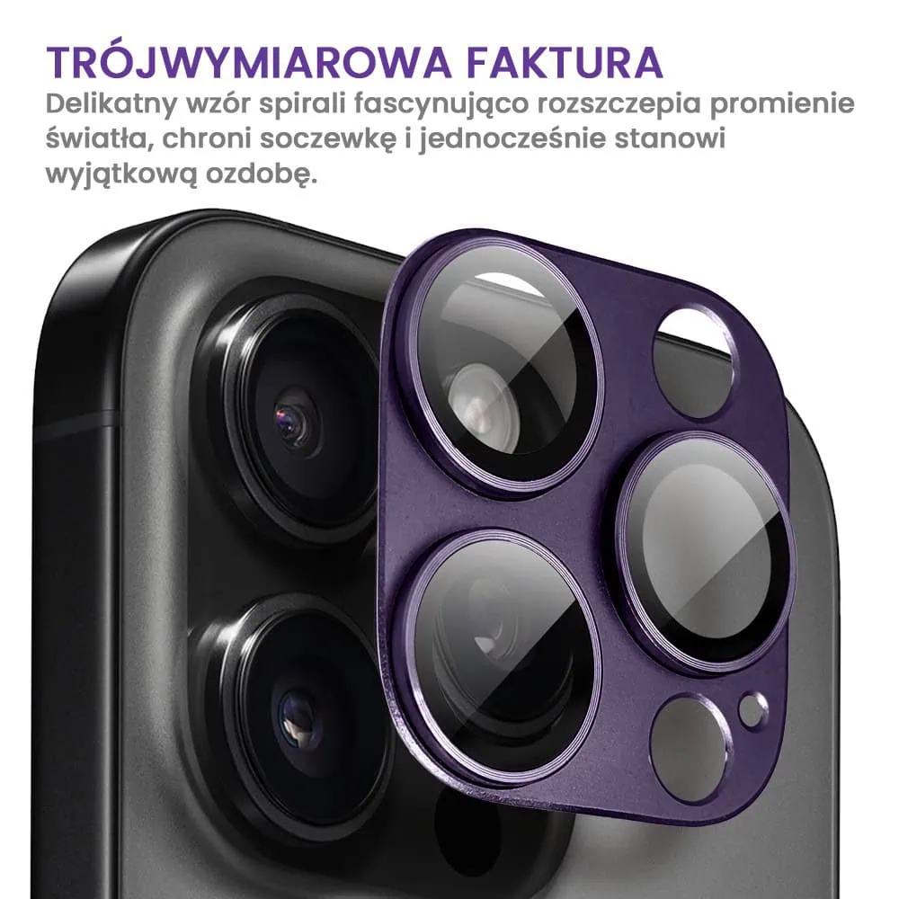 iPhone 16 Pro Max gładka metalowa osłona na cały aparat, wbudowane szkła 9H, purpurowa