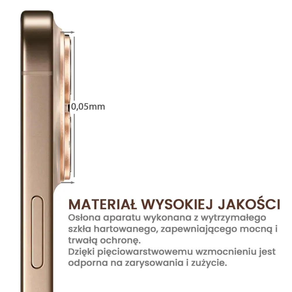 iPhone 16 Pro gładka metalowa osłona na cały aparat, wbudowane szkła 9H, złota