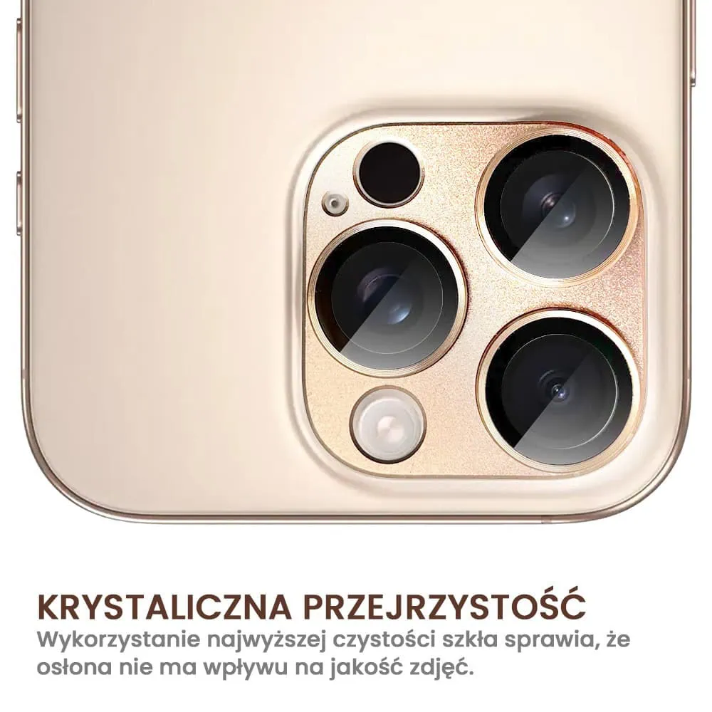 iPhone 16 Pro gładka metalowa osłona na cały aparat, wbudowane szkła 9H, złota