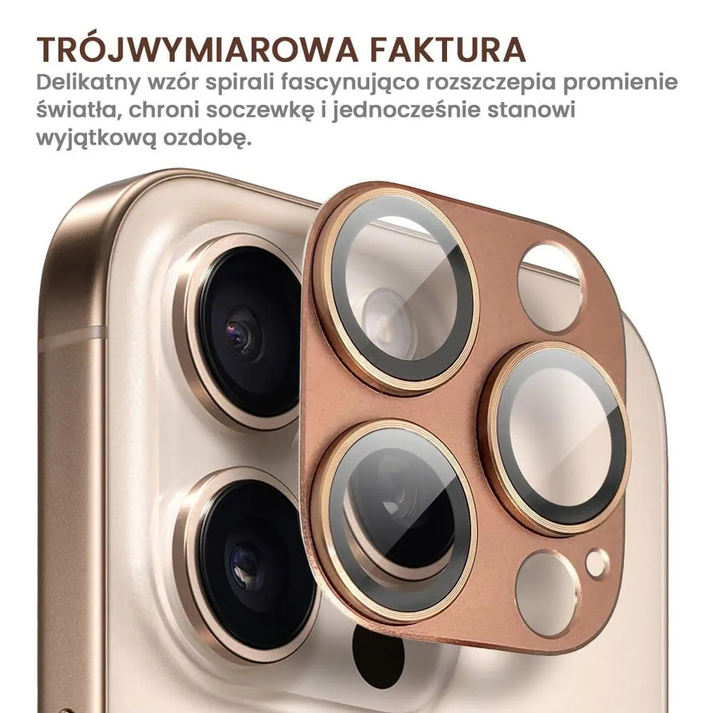 iPhone 16 Pro Max gładka metalowa osłona na cały aparat, wbudowane szkła 9H, brązowa