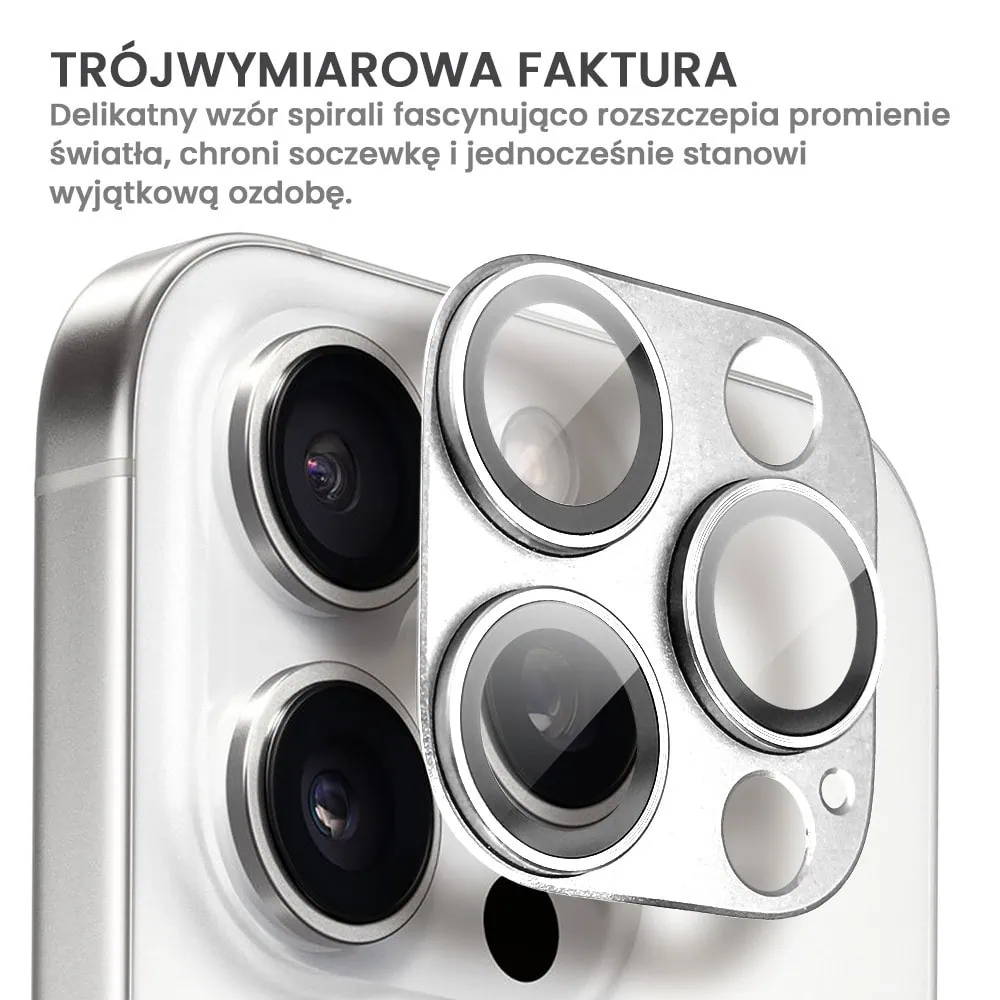 iPhone 16 Pro Max gładka metalowa osłona na cały aparat, wbudowane szkła 9H, srebrna