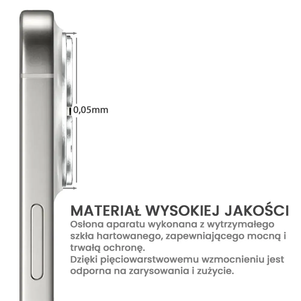 iPhone 16 Pro Max gładka metalowa osłona na cały aparat, wbudowane szkła 9H, srebrna
