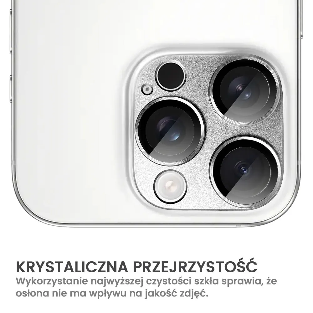 iPhone 16 Pro Max gładka metalowa osłona na cały aparat, wbudowane szkła 9H, srebrna