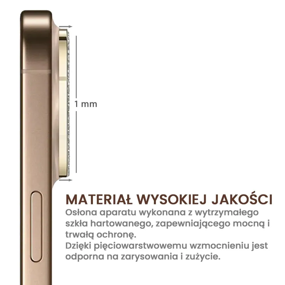 iPhone 16 Pro Max diamentowa osłona na cały aparat, wbudowane szkła 9H, złota
