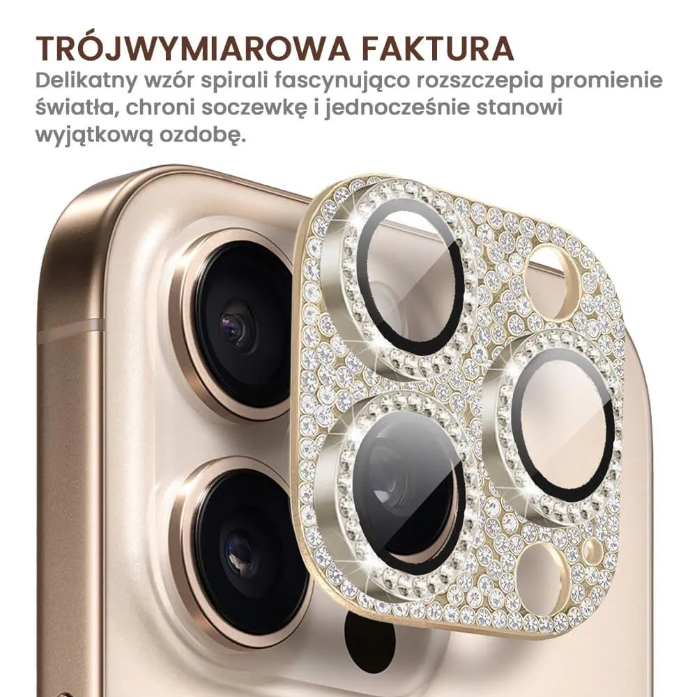 iPhone 16 Pro Max diamentowa osłona na cały aparat, wbudowane szkła 9H, złota