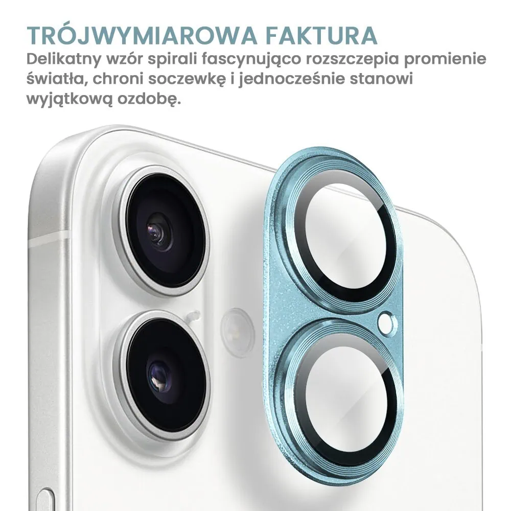 iPhone 16 Plus gładka metalowa osłona na cały aparat, wbudowane szkła 9H, niebieska