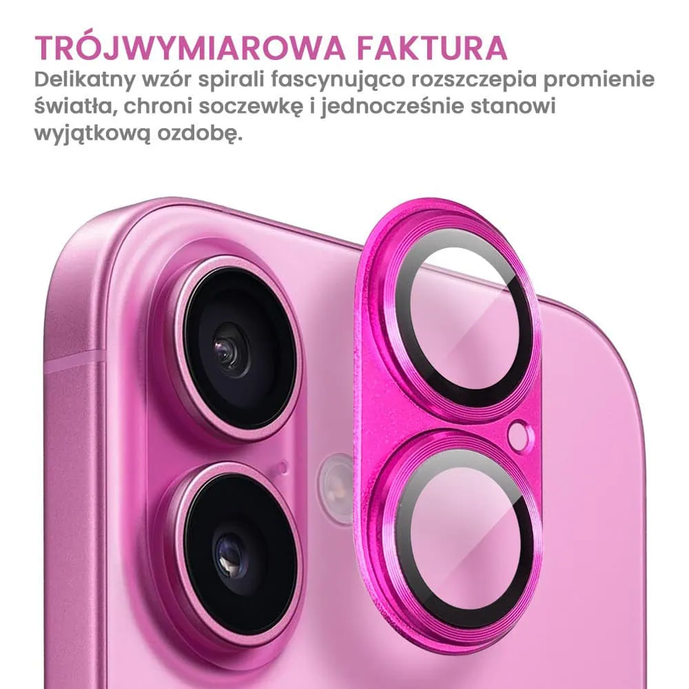 iPhone 16 Plus gładka metalowa osłona na cały aparat, wbudowane szkła 9H, różowa