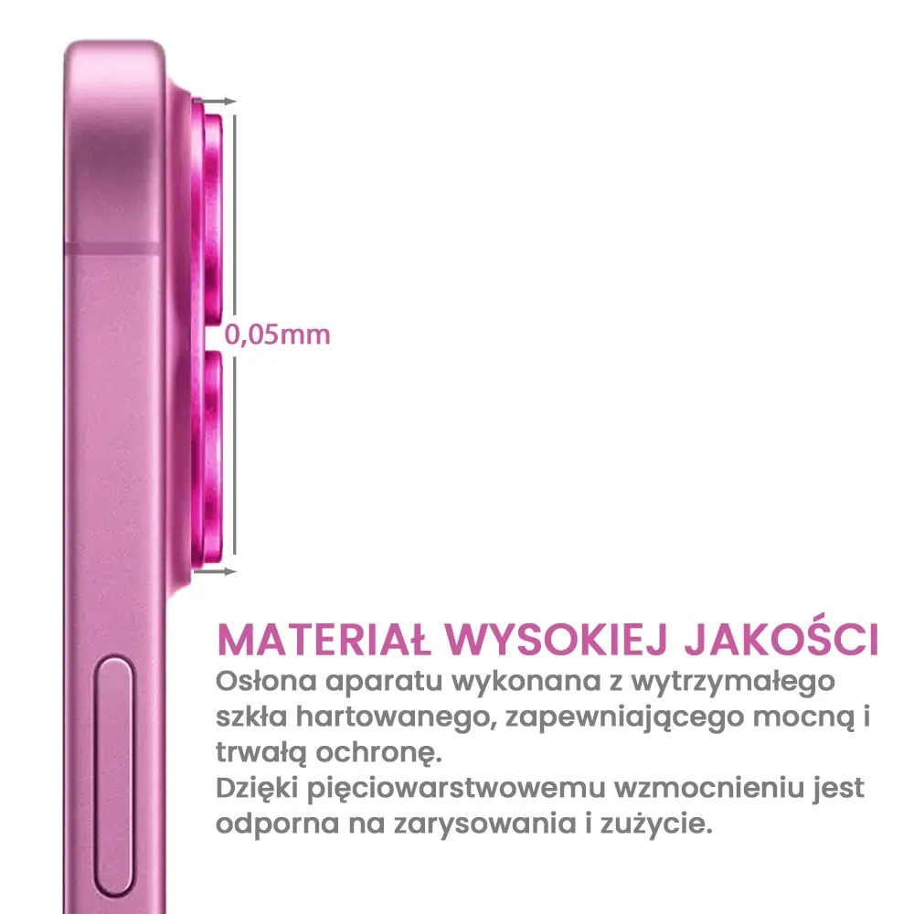 iPhone 16 Plus gładka metalowa osłona na cały aparat, wbudowane szkła 9H, różowa