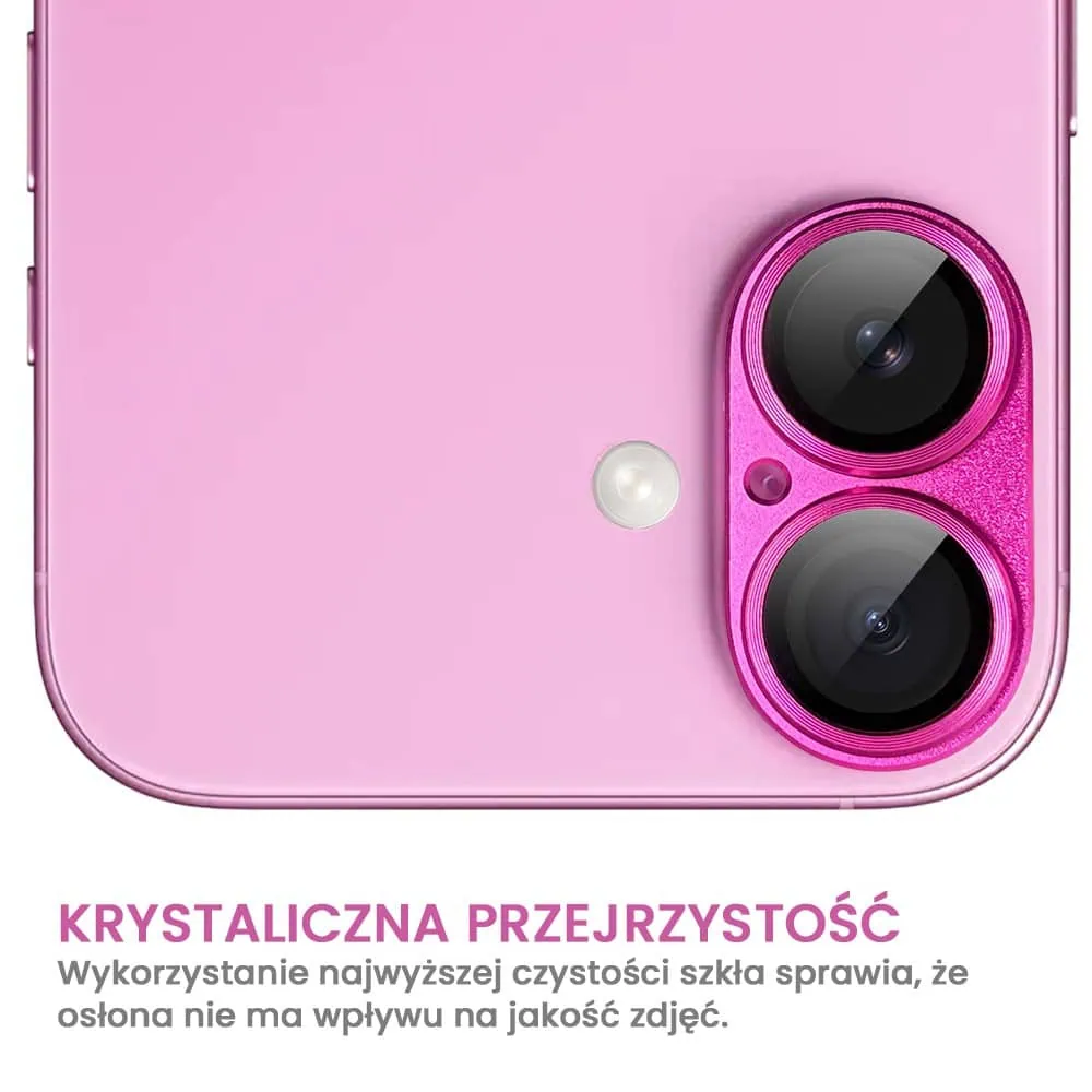 iPhone 16 Plus gładka metalowa osłona na cały aparat, wbudowane szkła 9H, różowa