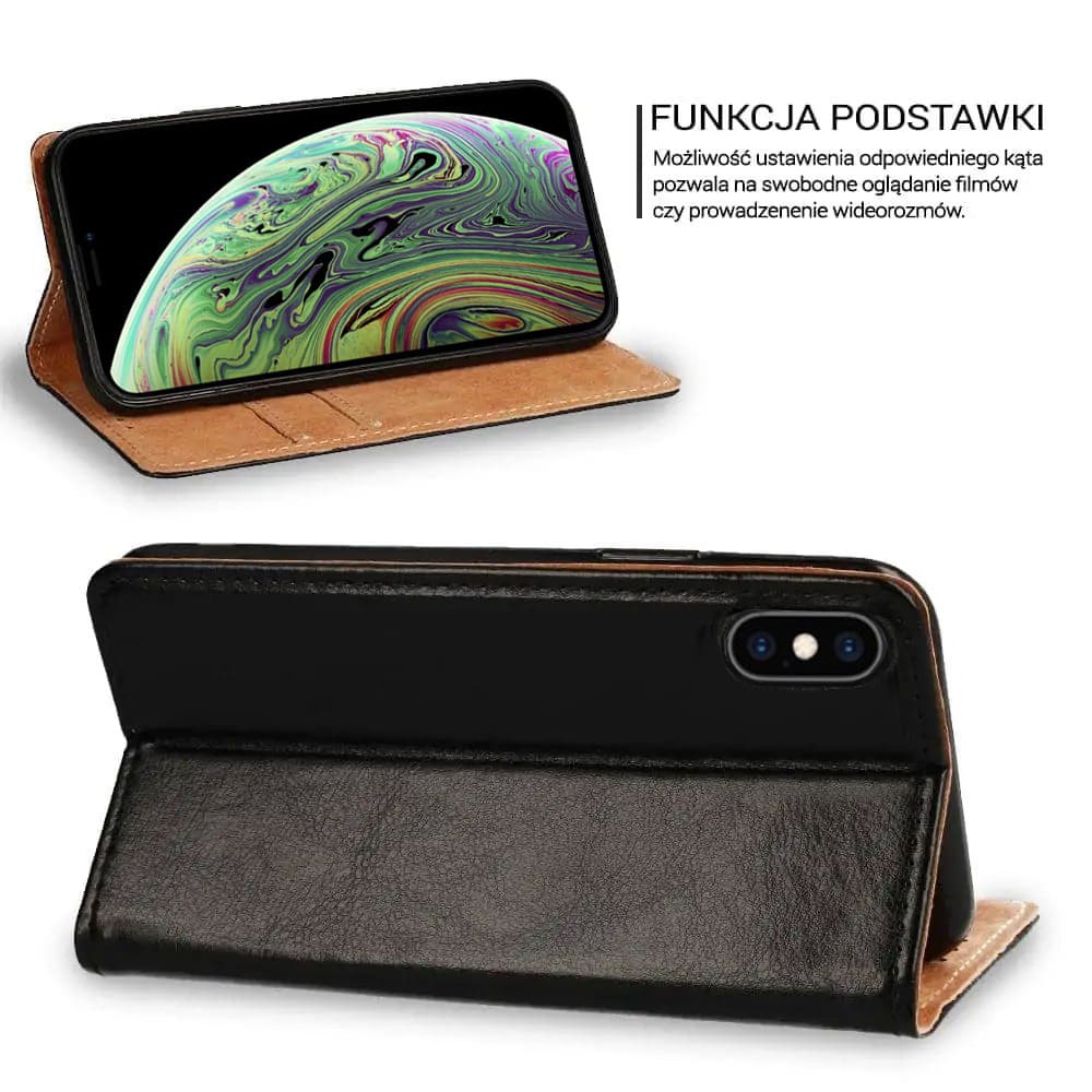 Etui do iPhone X/XS zamykane, eleganckie skórzane, czarne