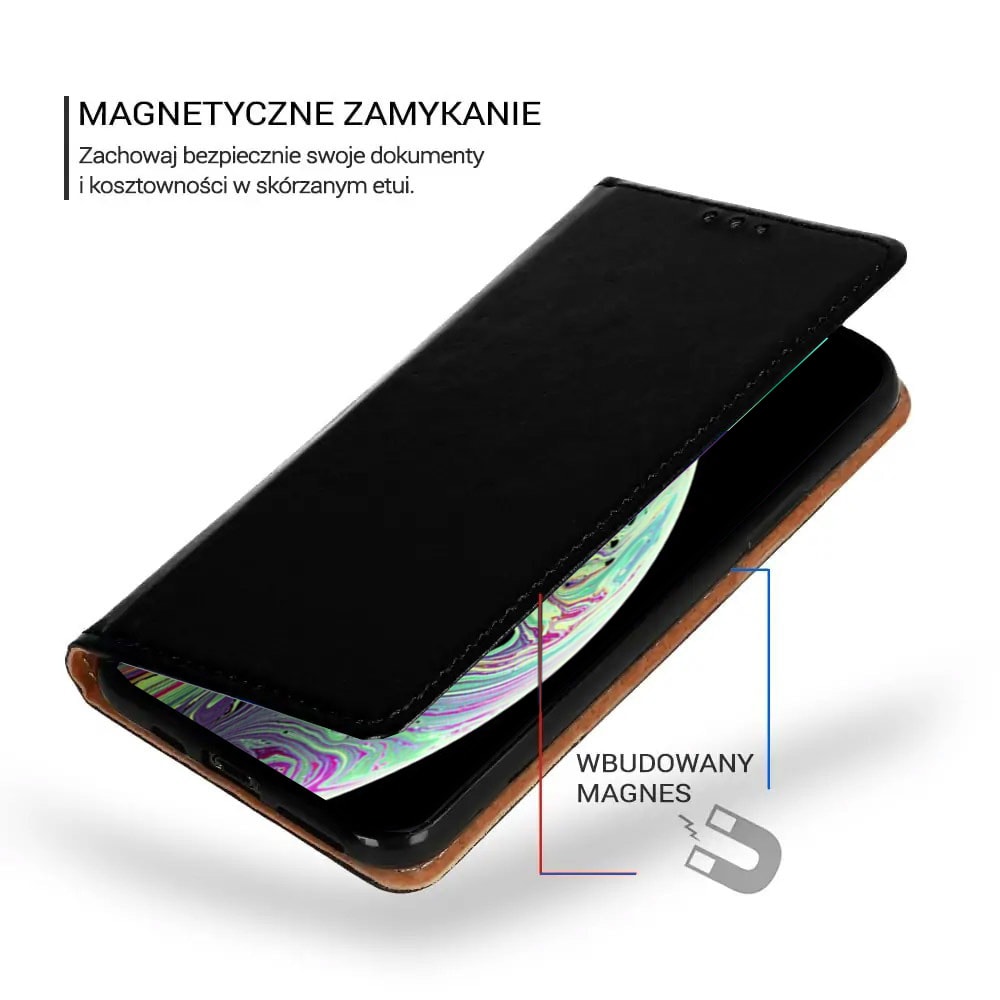 Etui do iPhone X/XS zamykane, eleganckie skórzane, czarne