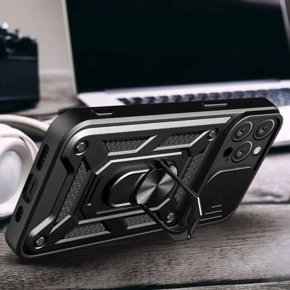 Etui do iPhone 14 Pro pancerne z magnetycznym uchwytem, osłona kamery, czarne