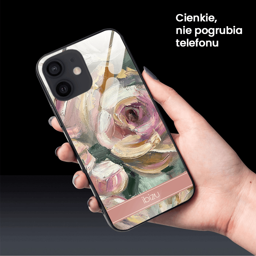 Etui do iPhone 12, Ibizu, szklany tył, namalowane róże, czarne