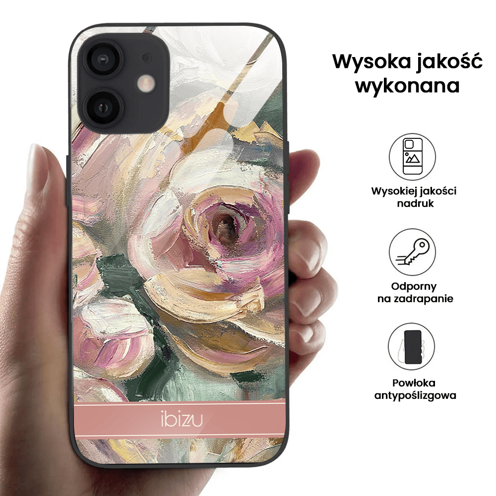 Etui do iPhone 12, Ibizu, szklany tył, namalowane róże, czarne