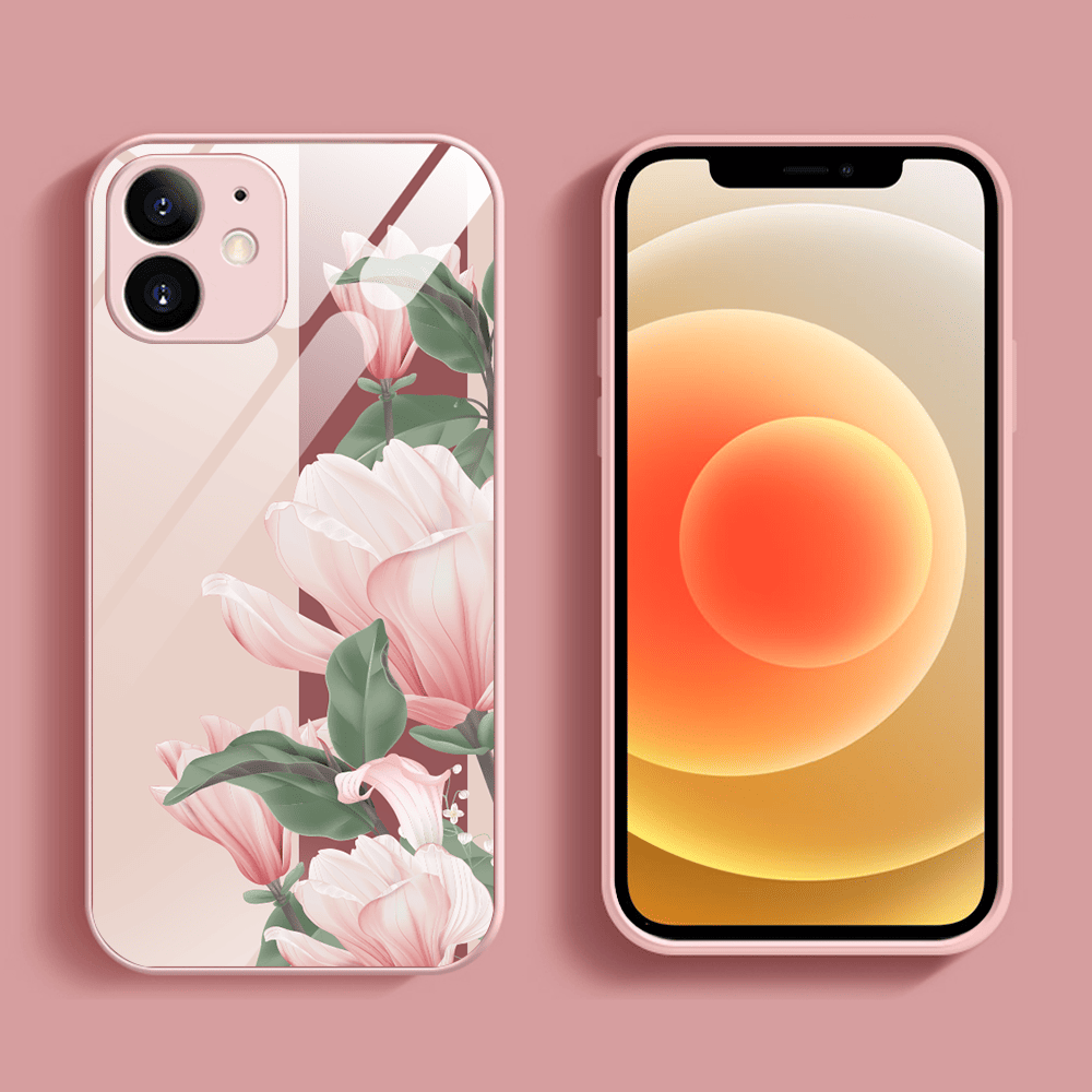 Etui do iPhone 12, szklany tył, osłona kamery, subtelne róże, łososiowe