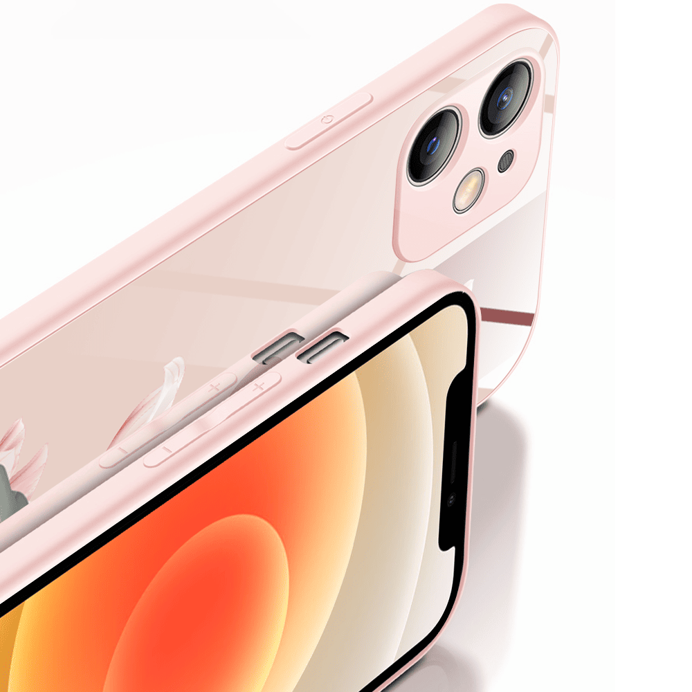 Etui do iPhone 12, szklany tył, osłona kamery, subtelne róże, łososiowe