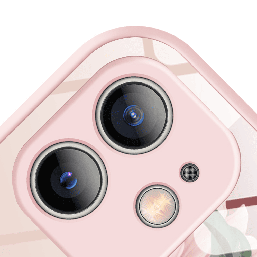 Etui do iPhone 12, szklany tył, osłona kamery, subtelne róże, łososiowe