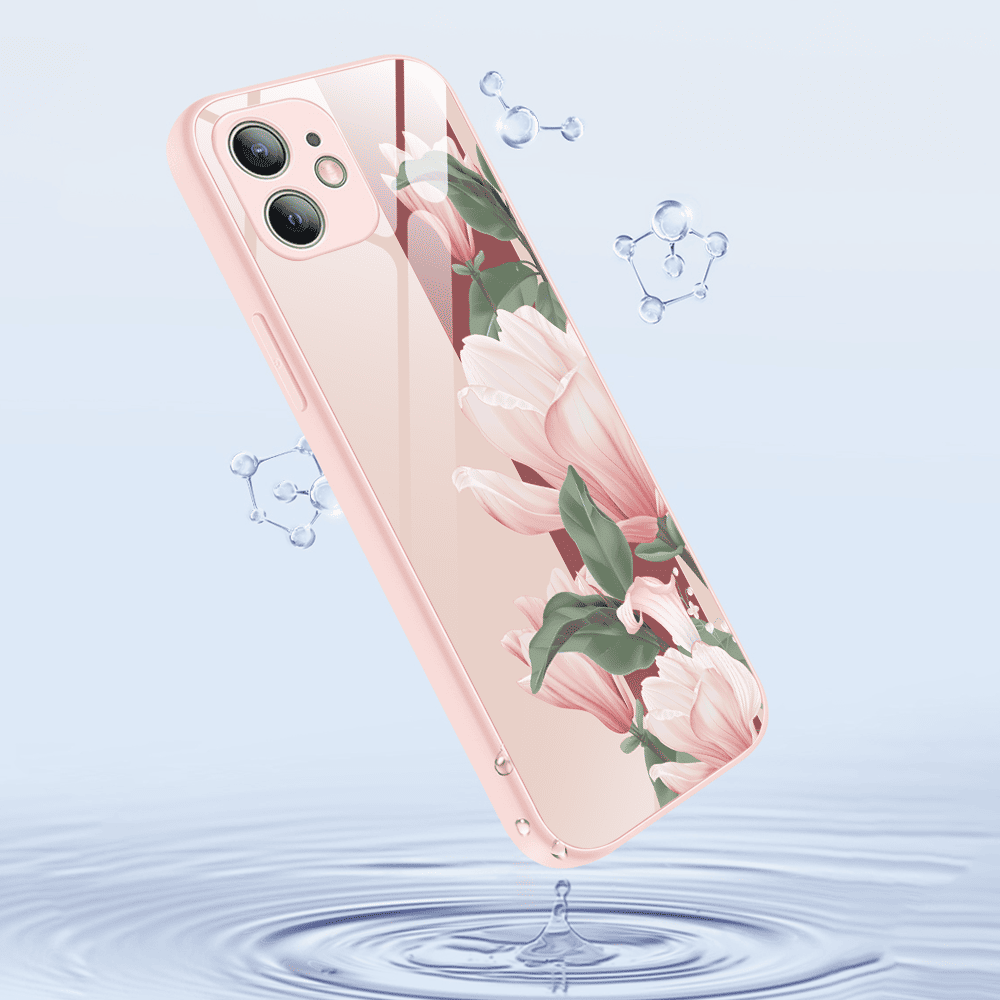 Etui do iPhone 12, szklany tył, osłona kamery, subtelne róże, łososiowe