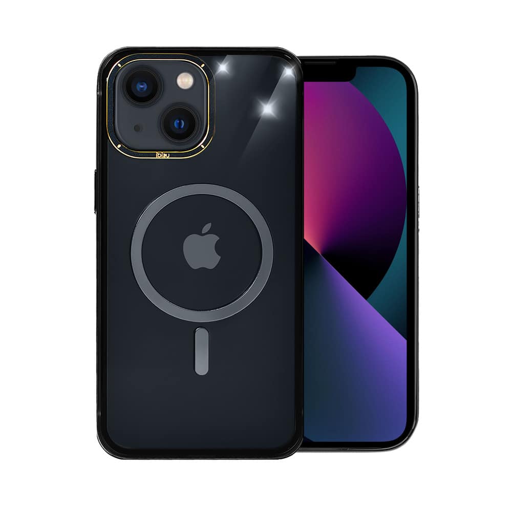 Etui do iPhone 13, Ibizu Elite Skin Cam Ring, krystalicznie czyste z metalową ramką, czarne z Magsafe