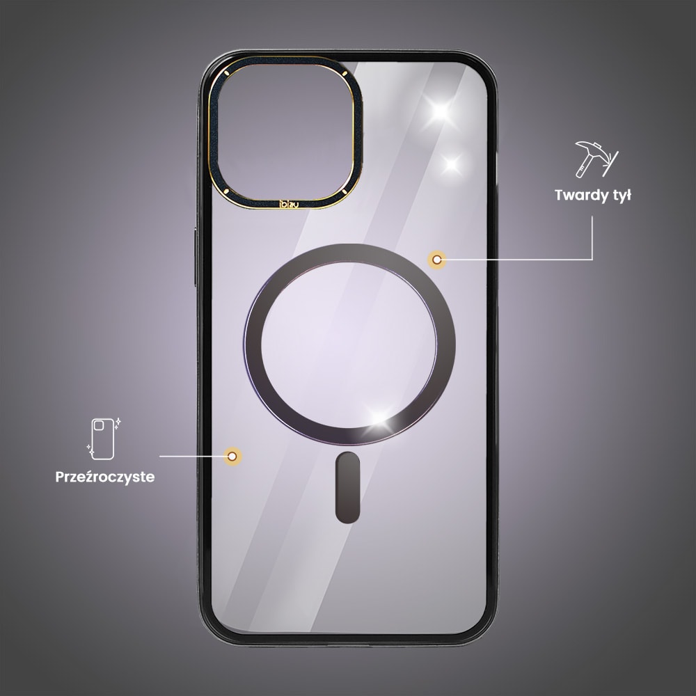Etui do iPhone 13, Ibizu Elite Skin Cam Ring, krystalicznie czyste z metalową ramką, czarne z Magsafe