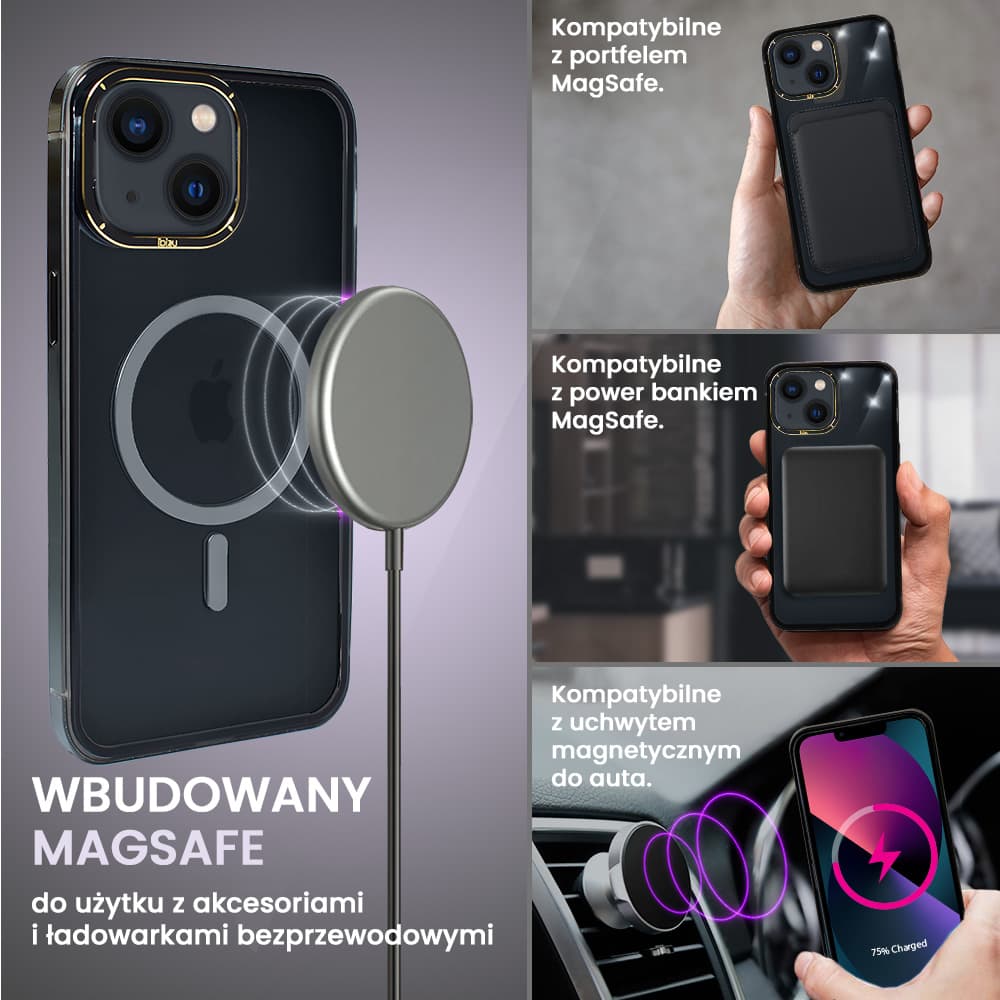Etui do iPhone 13, Ibizu Elite Skin Cam Ring, krystalicznie czyste z metalową ramką, czarne z Magsafe