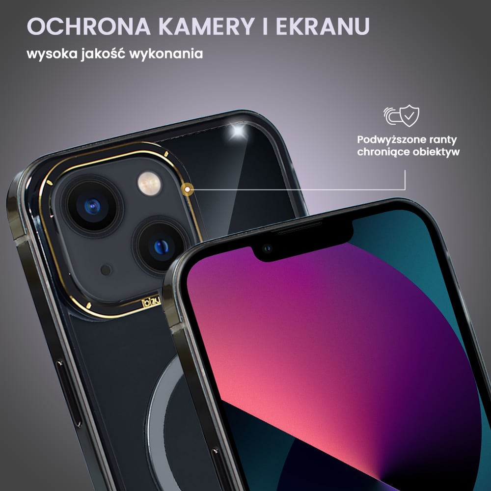 Etui do iPhone 13, Ibizu Elite Skin Cam Ring, krystalicznie czyste z metalową ramką, czarne z Magsafe