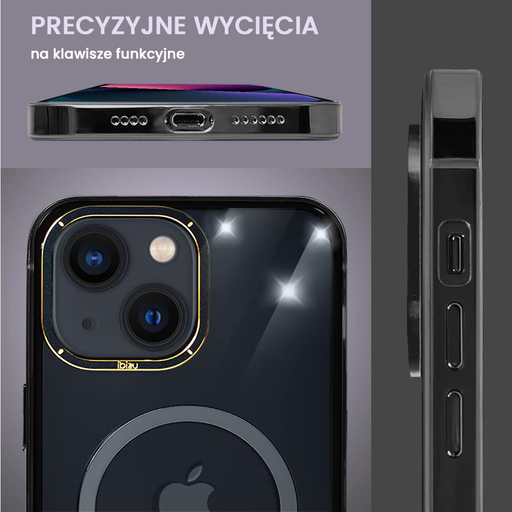 Etui do iPhone 13, Ibizu Elite Skin Cam Ring, krystalicznie czyste z metalową ramką, czarne z Magsafe