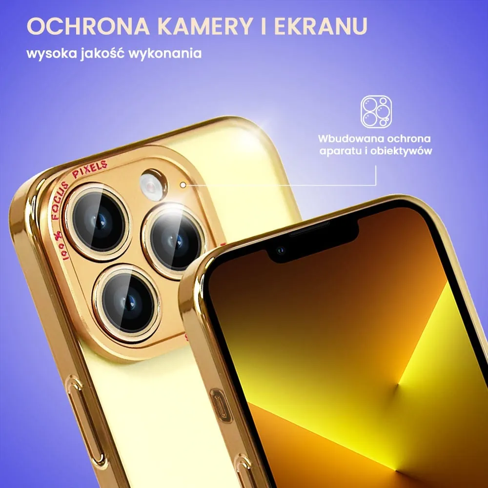 Etui do iPhone 13 Pro Max metalowa, złota osłona aparatu, krystaliczny tył, złota ramka