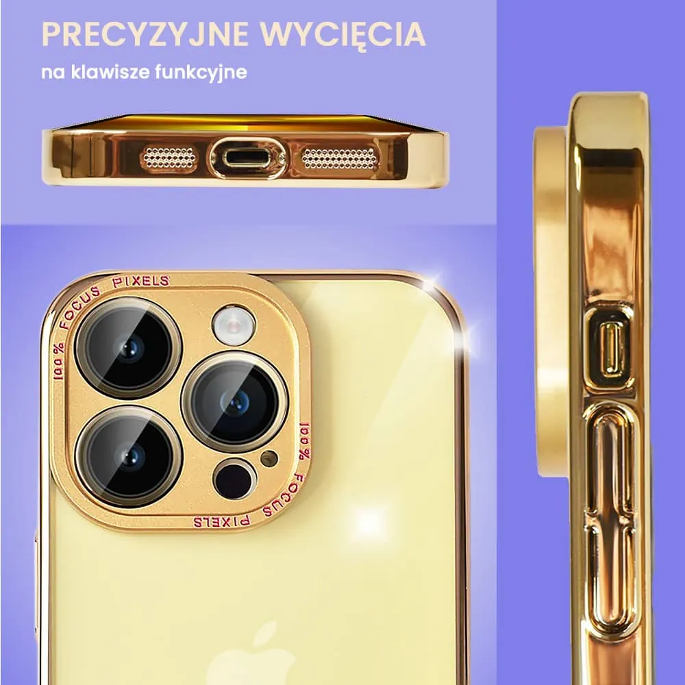Etui do iPhone 13 Pro Max metalowa, złota osłona aparatu, krystaliczny tył, złota ramka