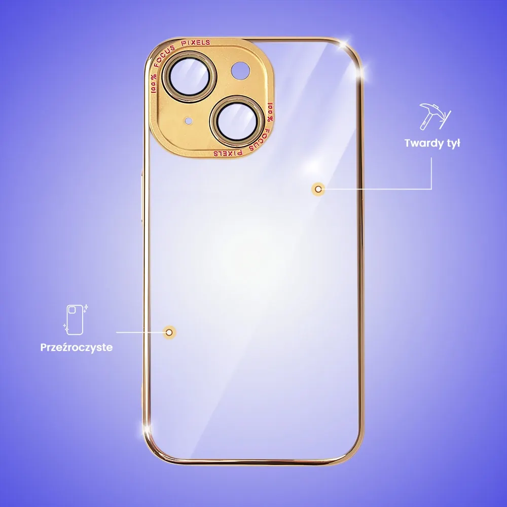 Etui do iPhone 14 metalowa, złota osłona aparatu, krystaliczny tył, złota ramka