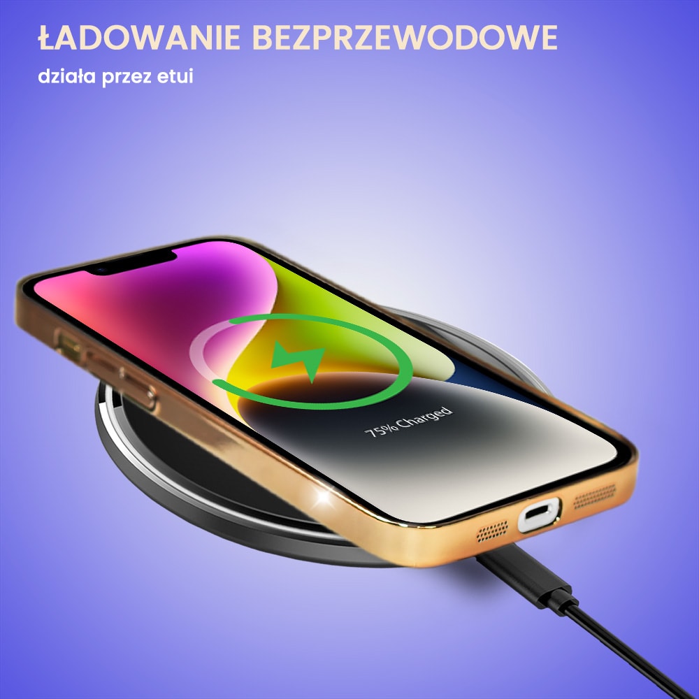 Etui do iPhone 14 metalowa, złota osłona aparatu, krystaliczny tył, złota ramka