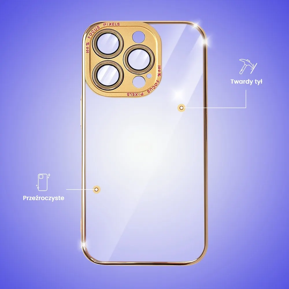 Etui do iPhone 14 Pro Max metalowa, złota osłona aparatu, krystaliczny tył, złota ramka