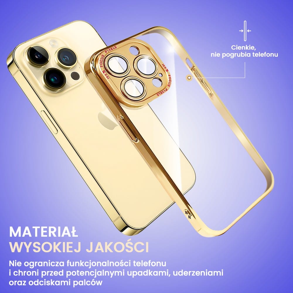 Etui do iPhone 14 Pro Max metalowa, złota osłona aparatu, krystaliczny tył, złota ramka
