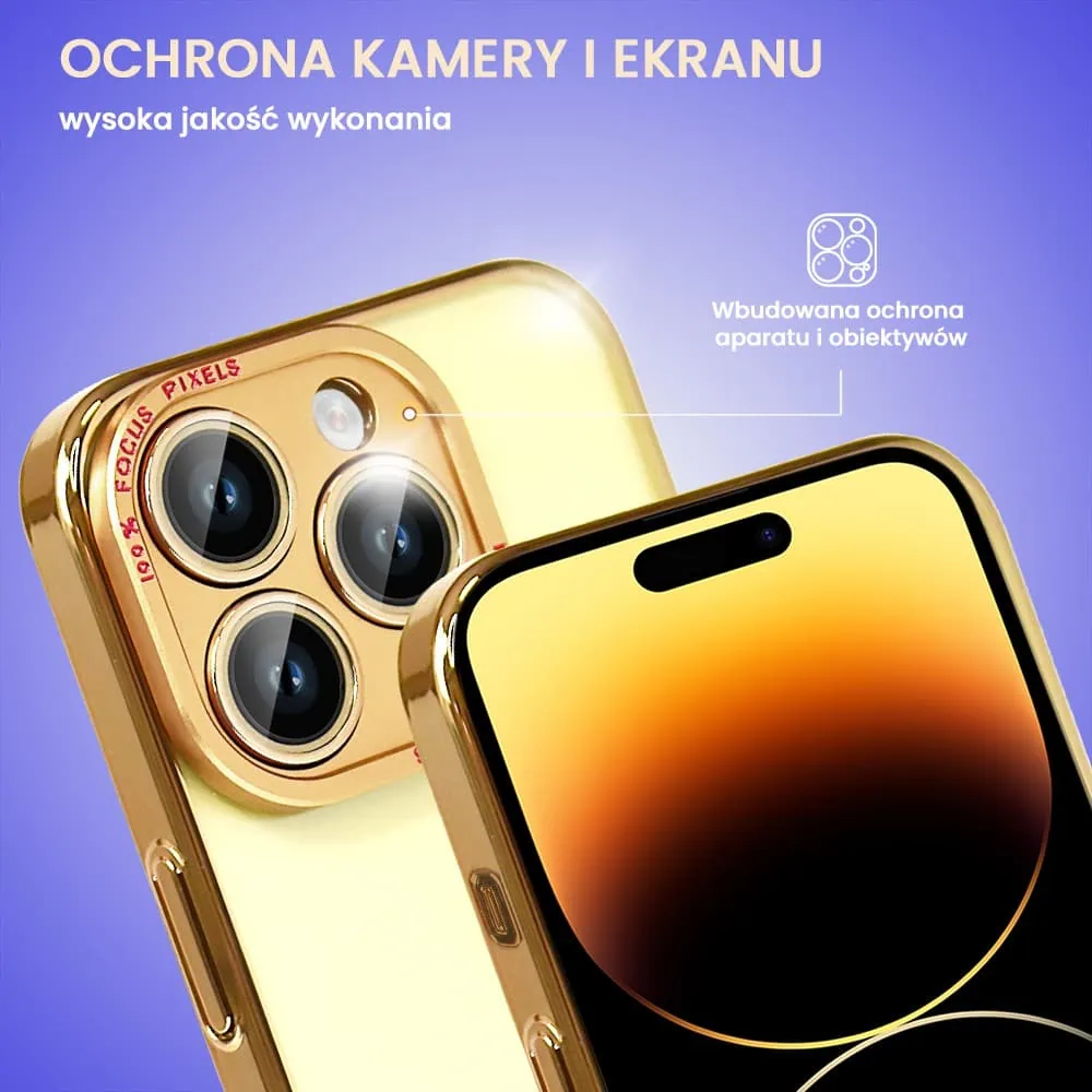 Etui do iPhone 14 Pro Max metalowa, złota osłona aparatu, krystaliczny tył, złota ramka