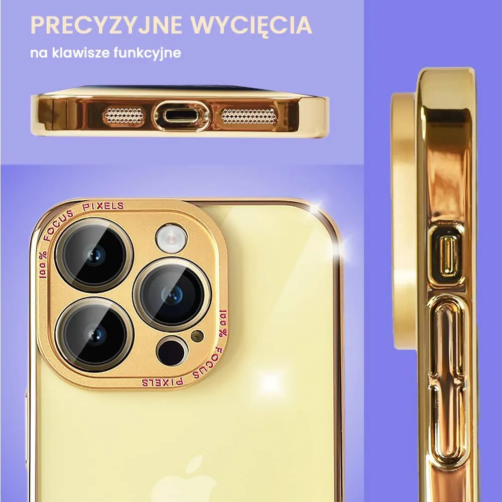 Etui do iPhone 14 Pro Max metalowa, złota osłona aparatu, krystaliczny tył, złota ramka