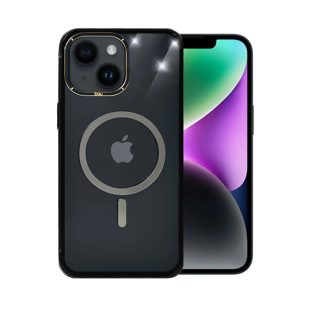 Etui do iPhone 14, Ibizu Elite Skin Cam Ring, krystalicznie czyste z metalową ramką, czarne z Magsafe