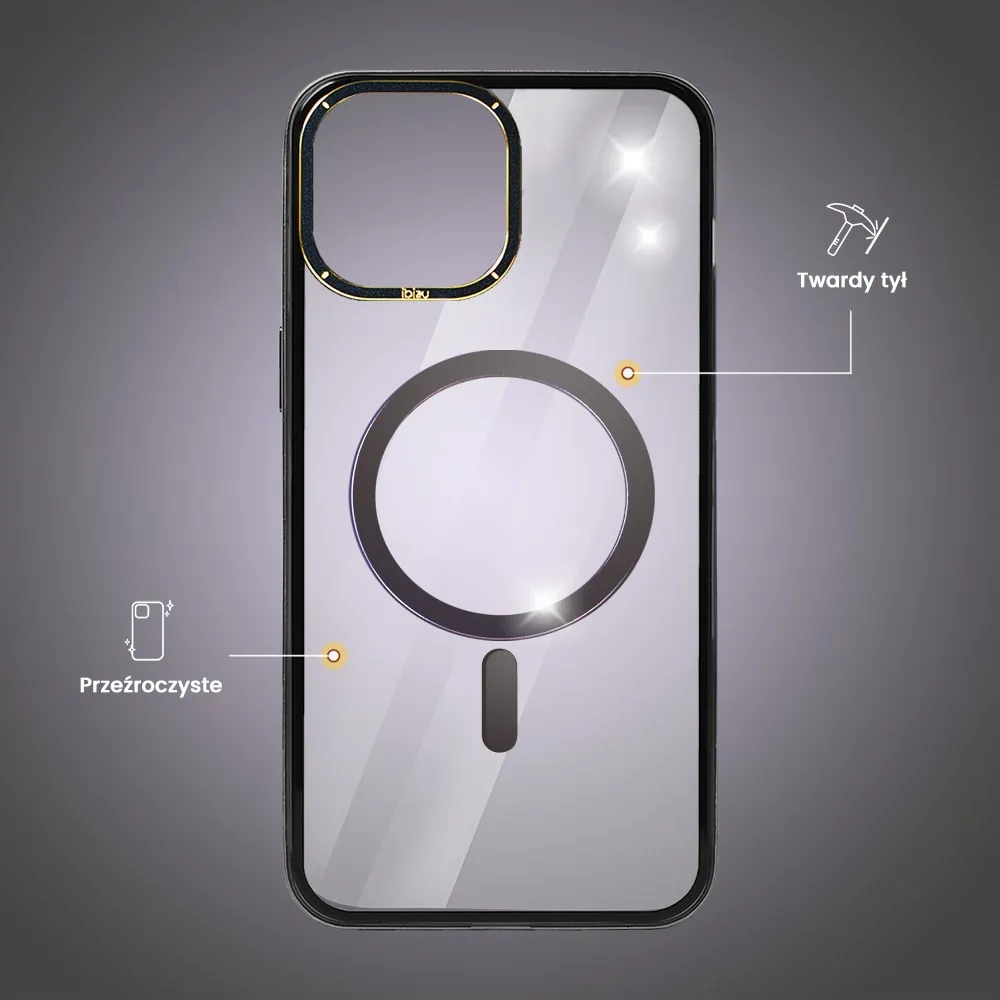Etui do iPhone 14, Ibizu Elite Skin Cam Ring, krystalicznie czyste z metalową ramką, czarne z Magsafe