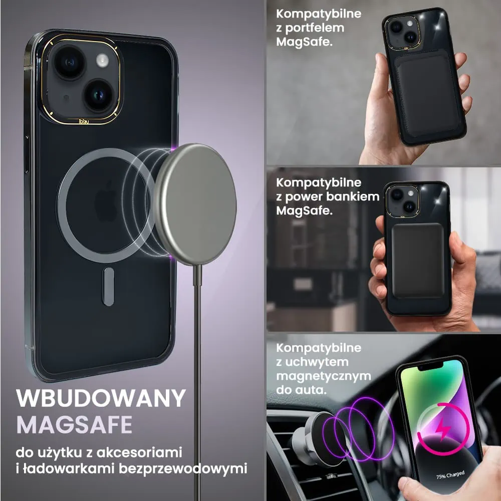 Etui do iPhone 14, Ibizu Elite Skin Cam Ring, krystalicznie czyste z metalową ramką, czarne z Magsafe